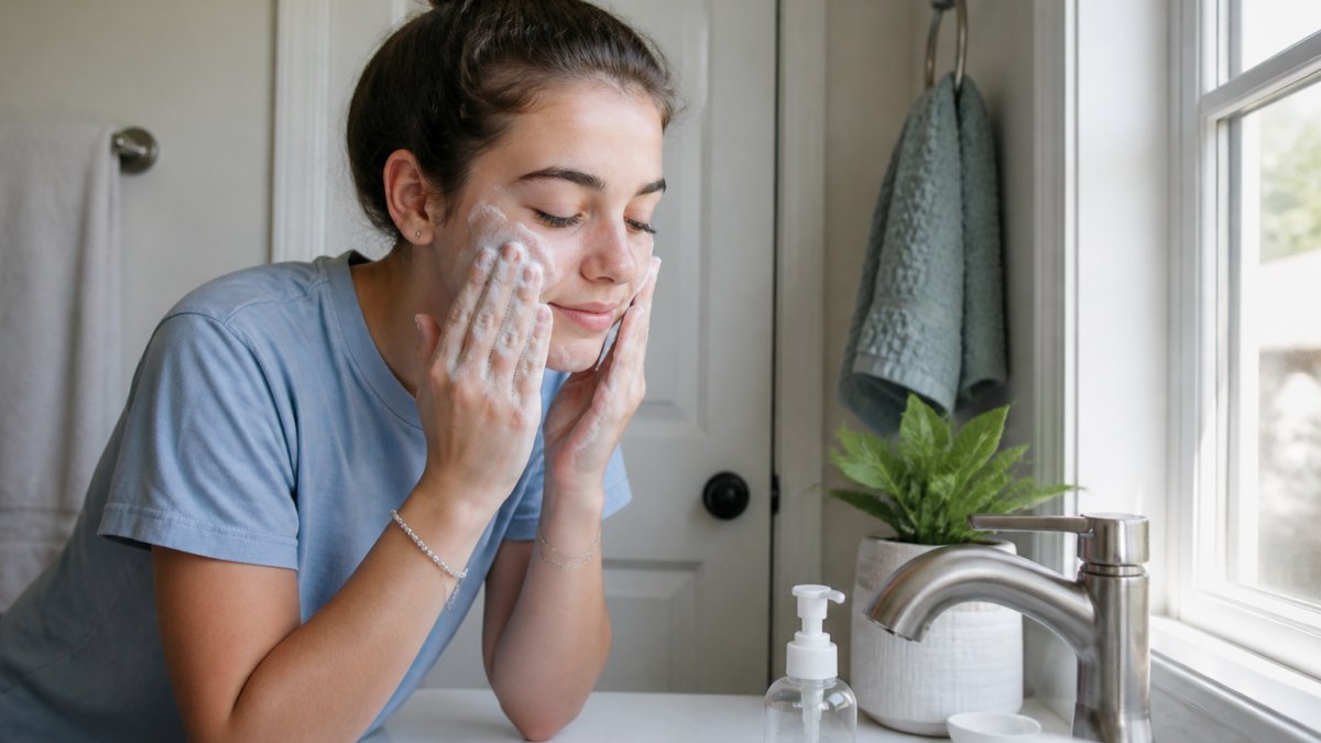 A teen applying a gentle cleanser to their face at a bathroom sink, looking calm and focused on their skincare routine with soft natural lighting from a window