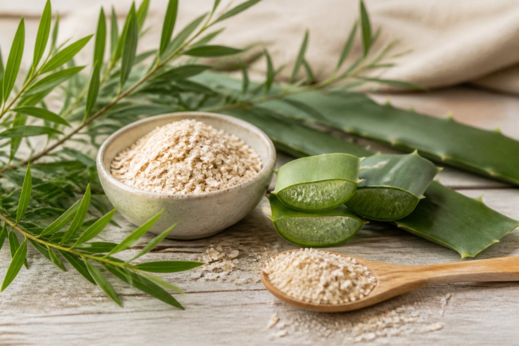 Close-up of natural botanical ingredients including colloidal oatmeal, fresh aloe vera leaf, and tea tree plant arranged on a light wooden surface with soft natural light