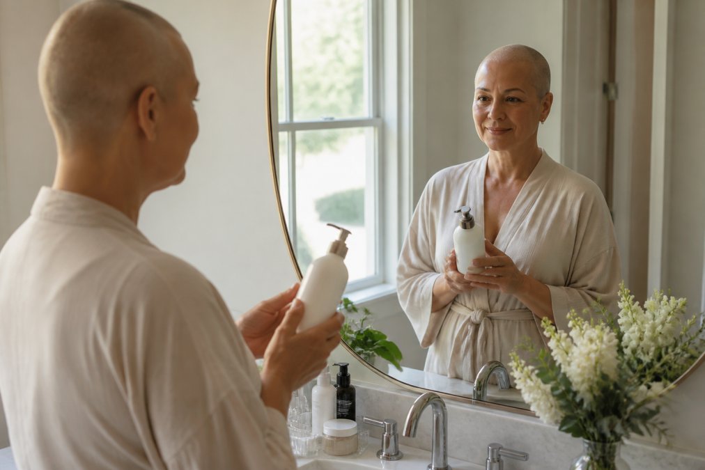 A woman in a soft robe standing at a bright bathroom mirror, holding a plain white pump bottle, calm morning light through a window, simple uncluttered counter