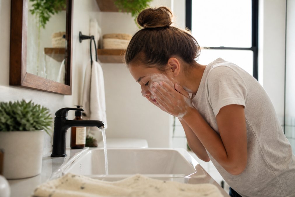 Young teen at a bathroom sink performing a gentle morning skincare routine, applying a light cleanser to their face with water running, natural bathroom lighting