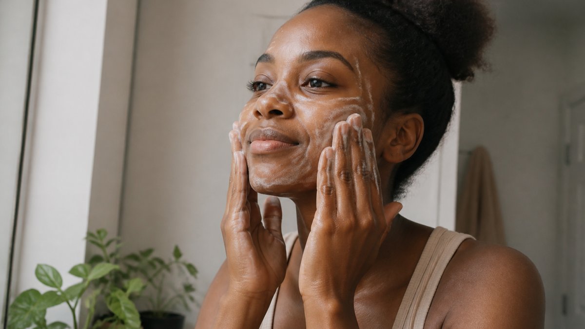 Person with melanin-rich skin gently applying a creamy cleanser to their face in soft natural light, showing gentle hand motion and calm expression