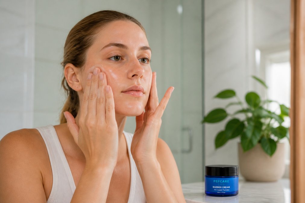 Close-up of hands applying a gentle serum to damp facial skin, showing the product's lightweight texture being pressed into the cheeks and forehead in a minimalist, bright bathroom setting