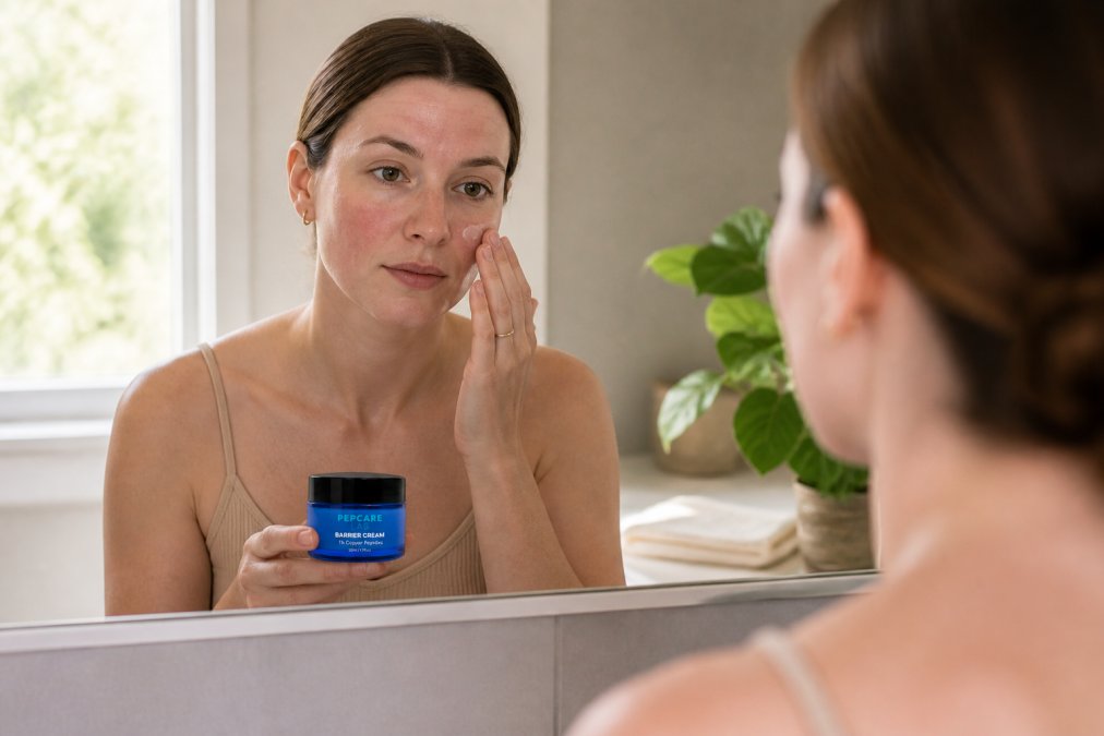 Person looking at their reflection in a mirror, applying a soothing barrier cream to calm, reddened skin on their cheeks and forehead in natural morning light