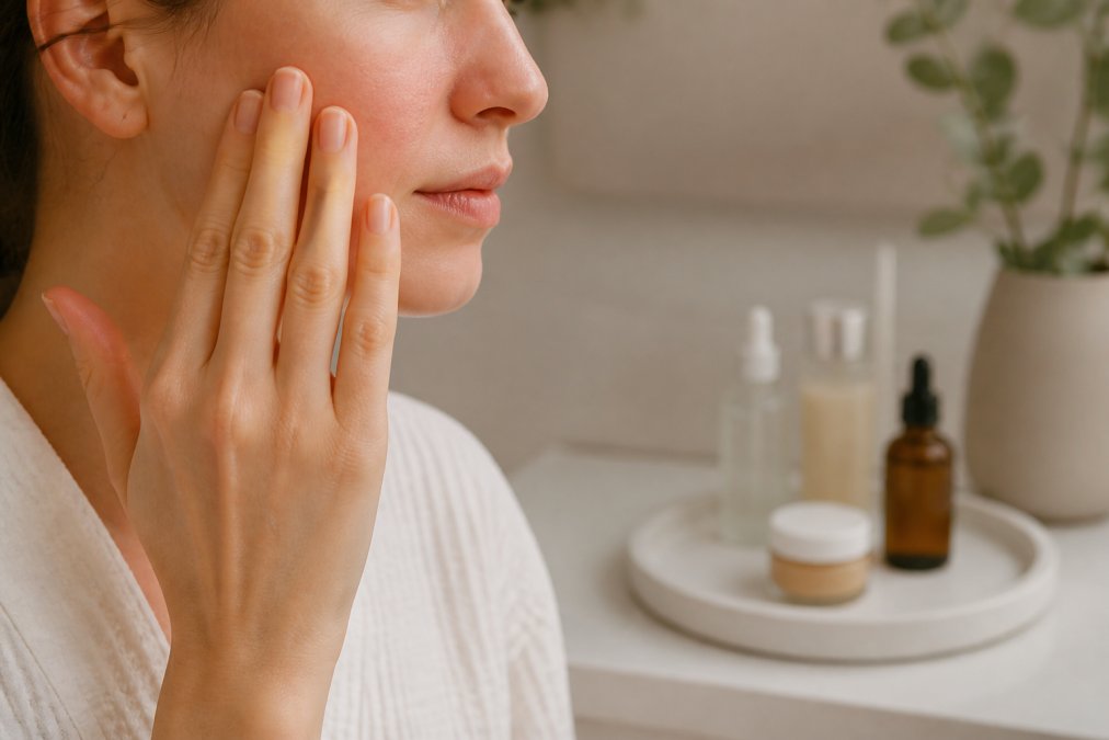Close-up of a woman's hand gently touching her cheek, showing mild redness, with a soft-focus background of a bathroom counter with minimal skincare products