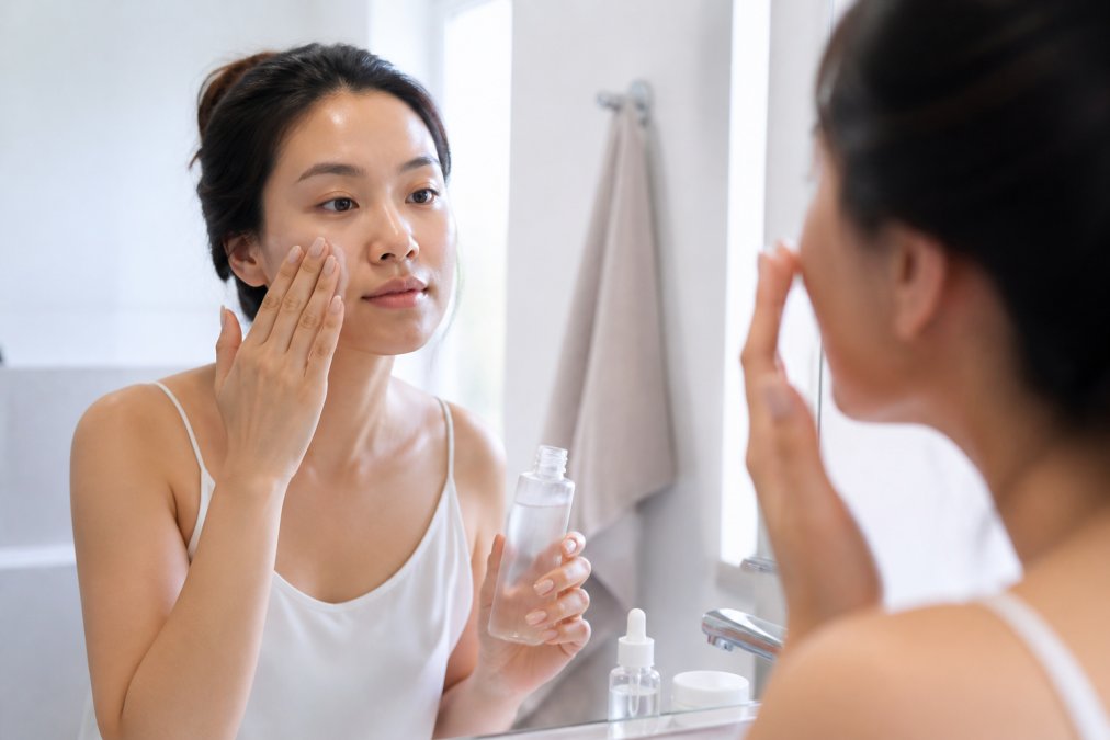 A woman with sensitive skin gently applying a hydrating essence to her face in a bright, clean bathroom, with minimal skincare products visible on the counter