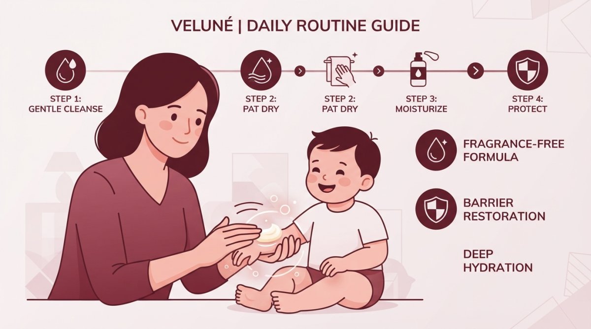 Parent gently applying fragrance-free moisturizer to a toddler's arm, showing proper soft application technique with calm hands in a warm, naturally-lit bathroom