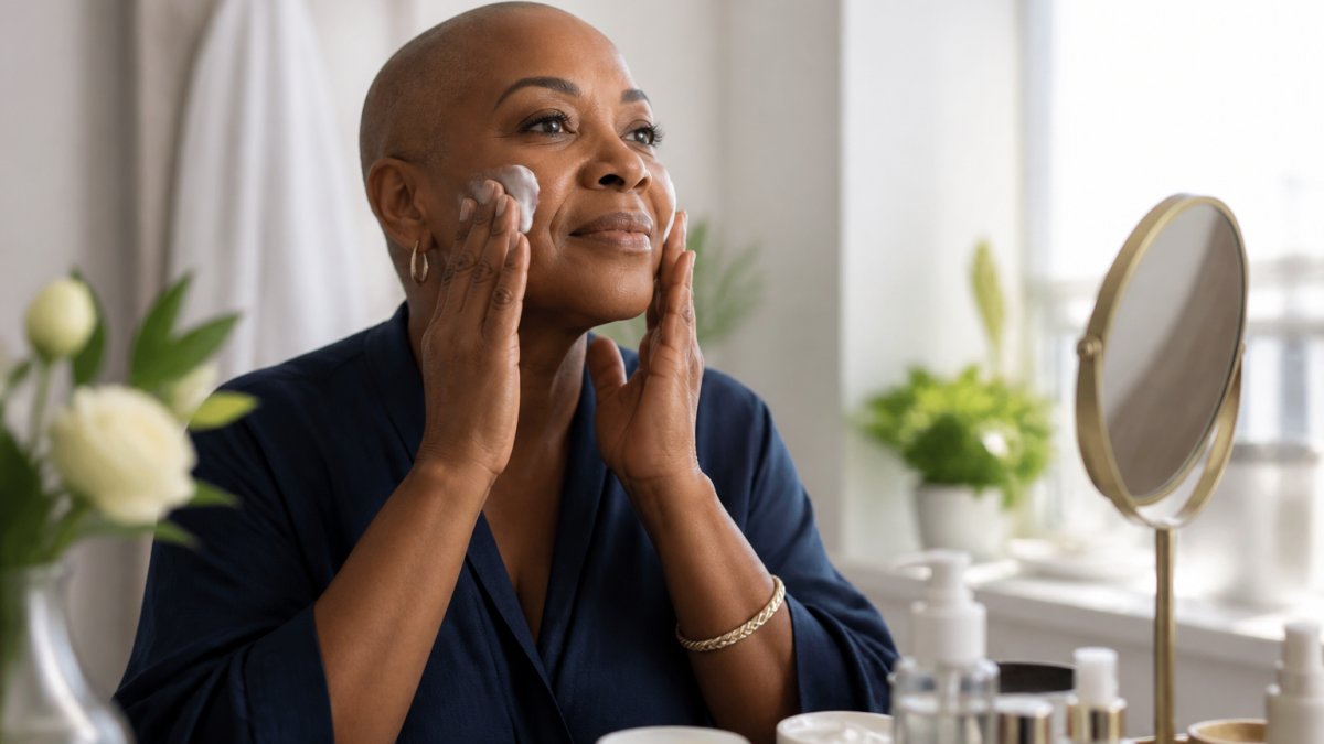 Woman in soft morning light applying fragrance-free moisturizer to her face with gentle, upward strokes, showing tender care and focus