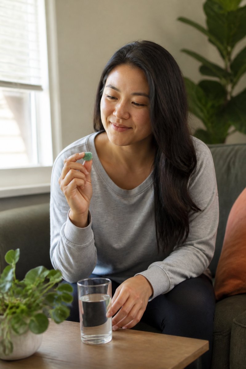 Person in a comfortable home setting holding a single THC gummy with a glass of water nearby, relaxed expression, natural lighting from a window, suggesting a calm and intentional start to their edible experience
