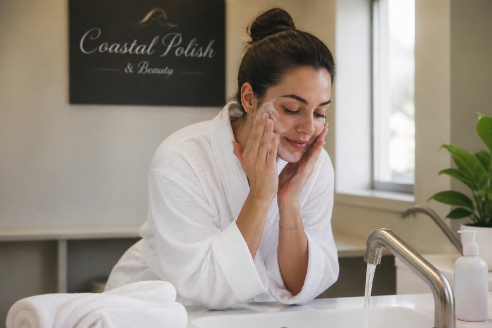 Person gently cleansing their skin with a fragrance-free cleanser at a bathroom sink, showing proper pre-wax preparation with natural lighting