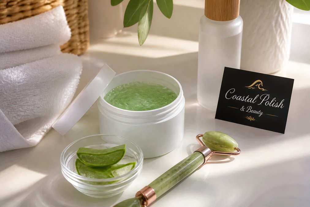 Soothing skincare scene with aloe vera gel and a cooling roller on a clean white surface, demonstrating post-wax care products in natural light