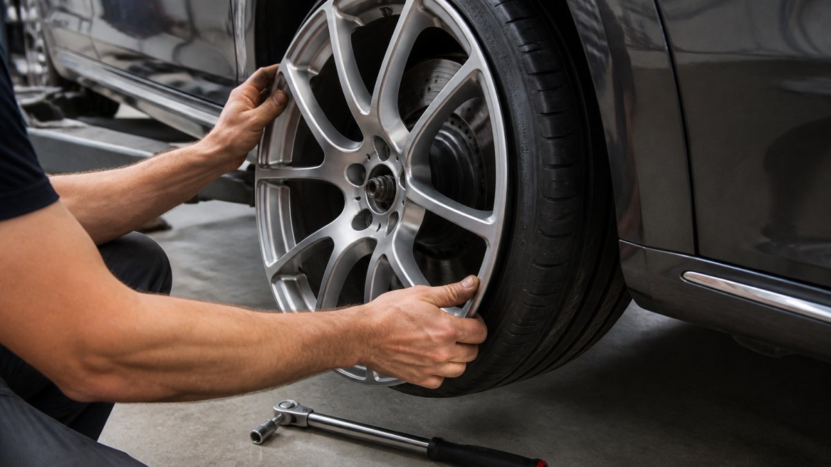 Close-up of a mechanic's hands mounting a silver forged alloy wheel onto the hub of a European sports sedan in a clean garage, torque wrench nearby