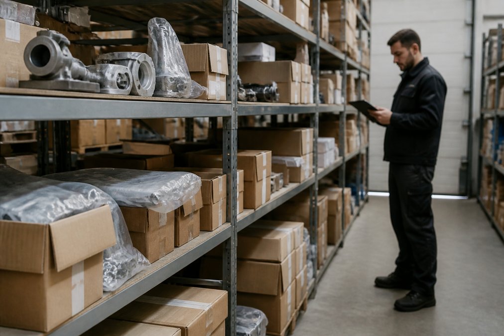 A clean, organized warehouse shelf stocked with new Audi OEM parts in factory packaging, with a worker in the background holding a tablet checking inventory