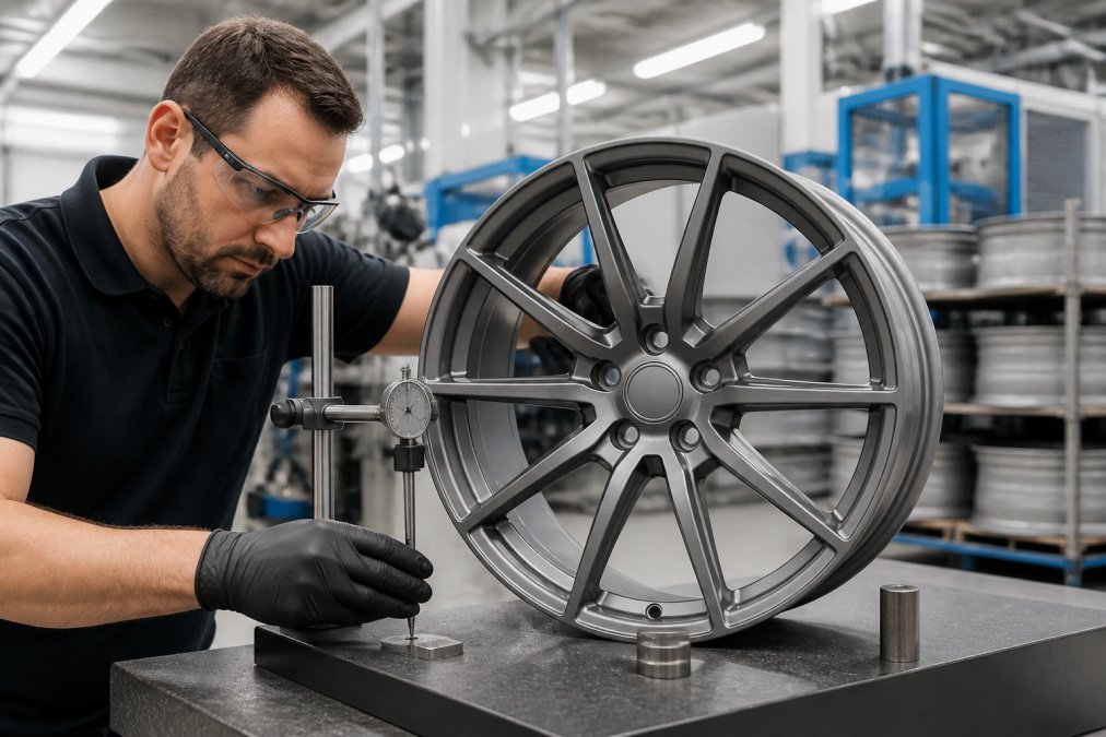 Precision manufacturing facility with technician inspecting automotive brake components under bright industrial lighting, quality control station with measurement tools