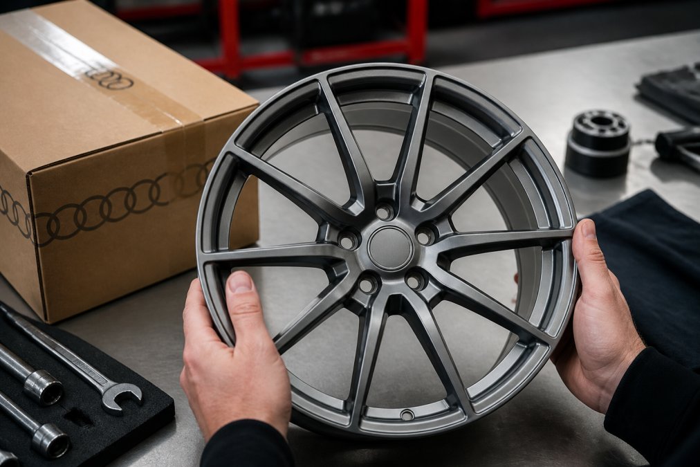Close-up of hands holding an Audi part with clearly visible part number stamping, packaging with Audi rings logo, and quality control markings under bright overhead lighting