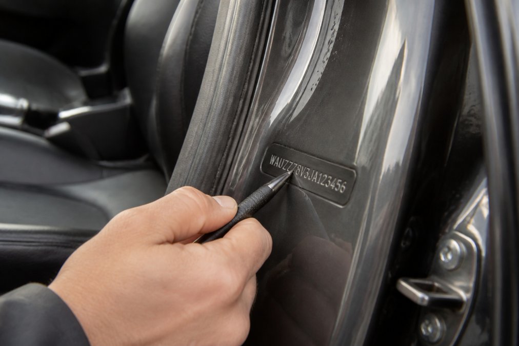 Close-up of a vehicle identification number plate on a car door frame, with someone pointing to specific digits with a pen, natural daylight illuminating the stamped characters