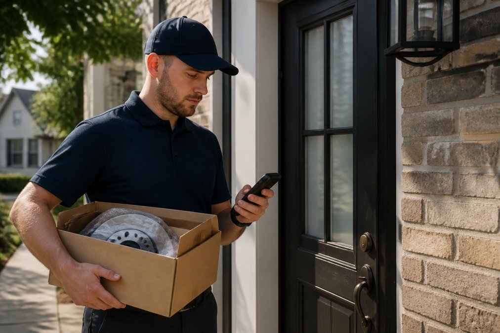 Delivery driver in uniform holding a cardboard box with genuine auto parts, checking a handheld tracking device while standing at a residential front door with the house number visible, afternoon sunlight