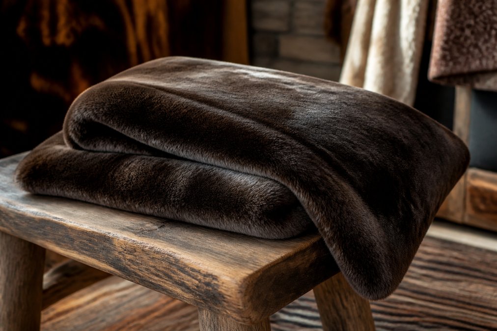 Infographic showing the dense texture and sheen of sheared beaver fur used in genuine fur blankets