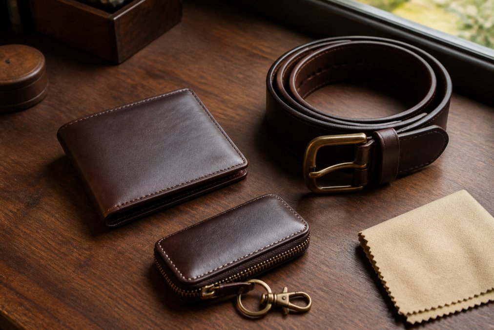 Bifold wallet, coiled belt, and key holder as genuine leather accessories on a dark walnut desk.