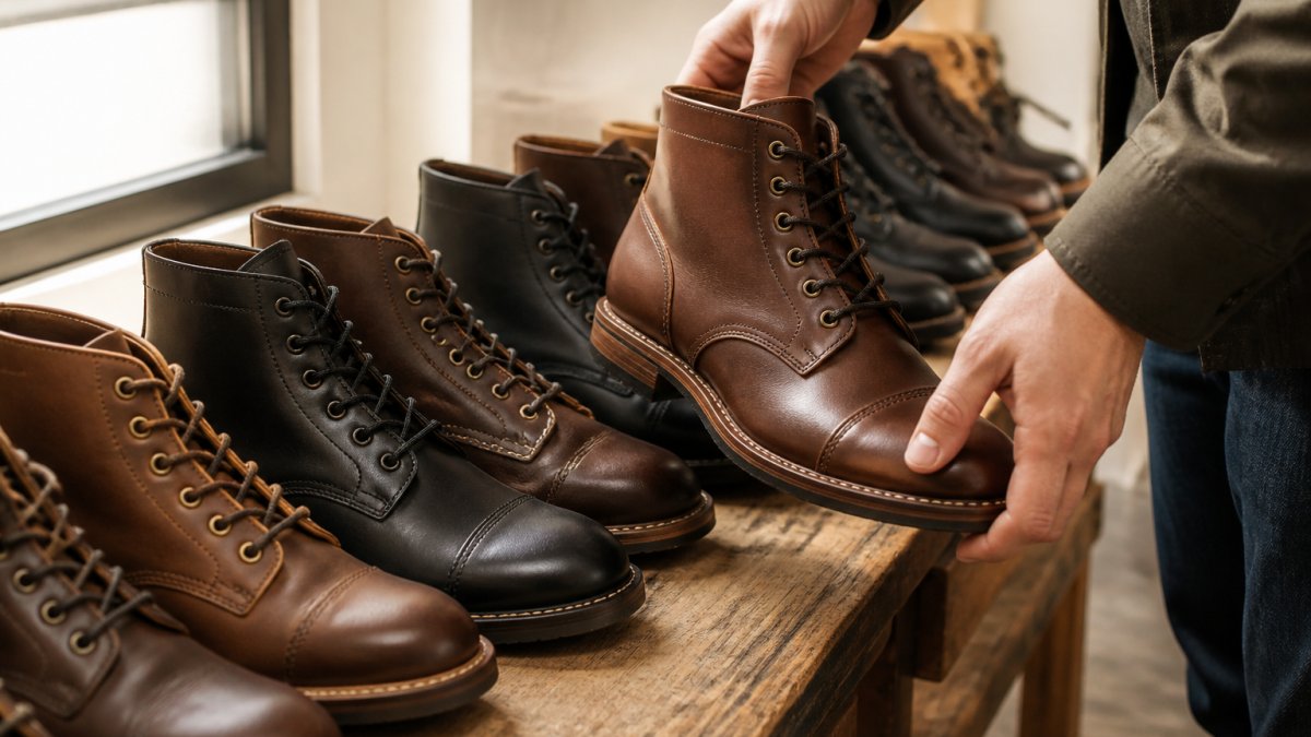 A row of men's leather boots in brown and black lined up on a wooden bench in natural window light, with a man's hand lifting one boot to show the leather grain and stitched sole
