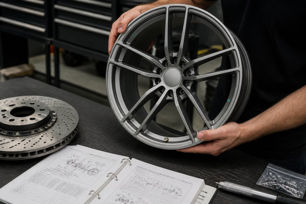 Hands holding a genuine Porsche forged alloy wheel and brake rotor against a workbench with OEM parts catalog documentation and part numbers visible