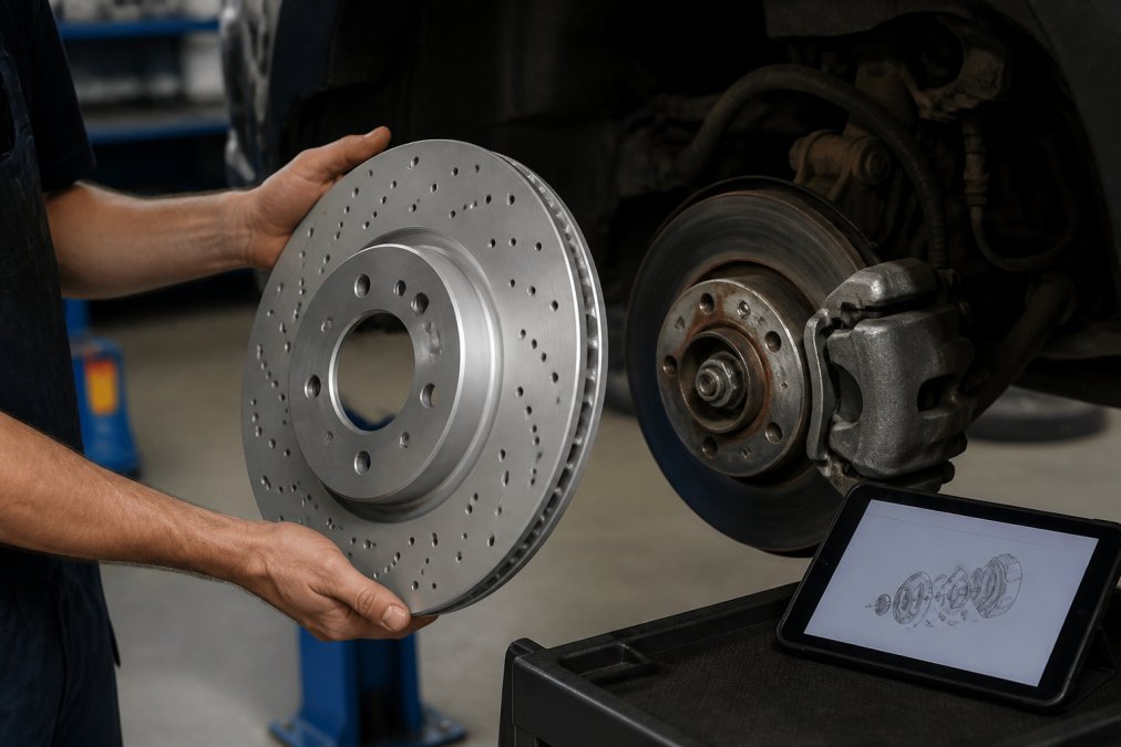 Close-up of a mechanic's hands holding a new Porsche brake rotor next to the wheel hub on a lift, with a digital tablet showing a parts diagram in the background