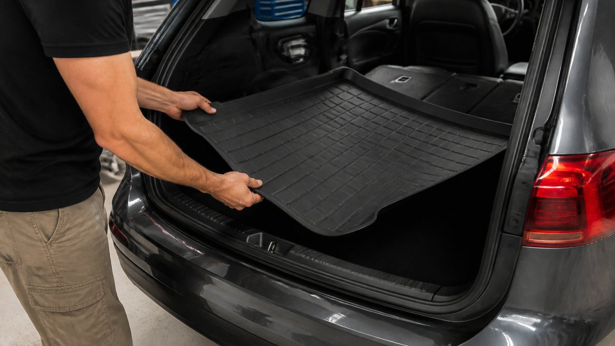 Close-up of hands lifting a black molded trunk liner into the open cargo area of a Volkswagen SUV, with the rear seats folded down and a clean trunk floor visible
