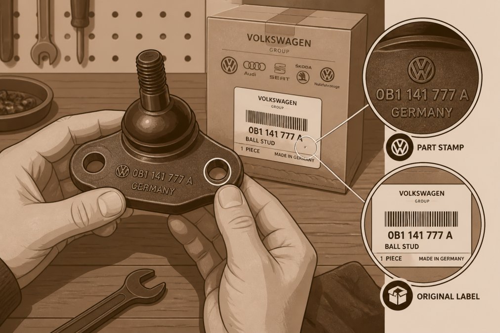 Close-up of hands holding a genuine OEM Volkswagen part on a wooden workbench, showing the factory part number stamping and original packaging label under warm workshop lighting