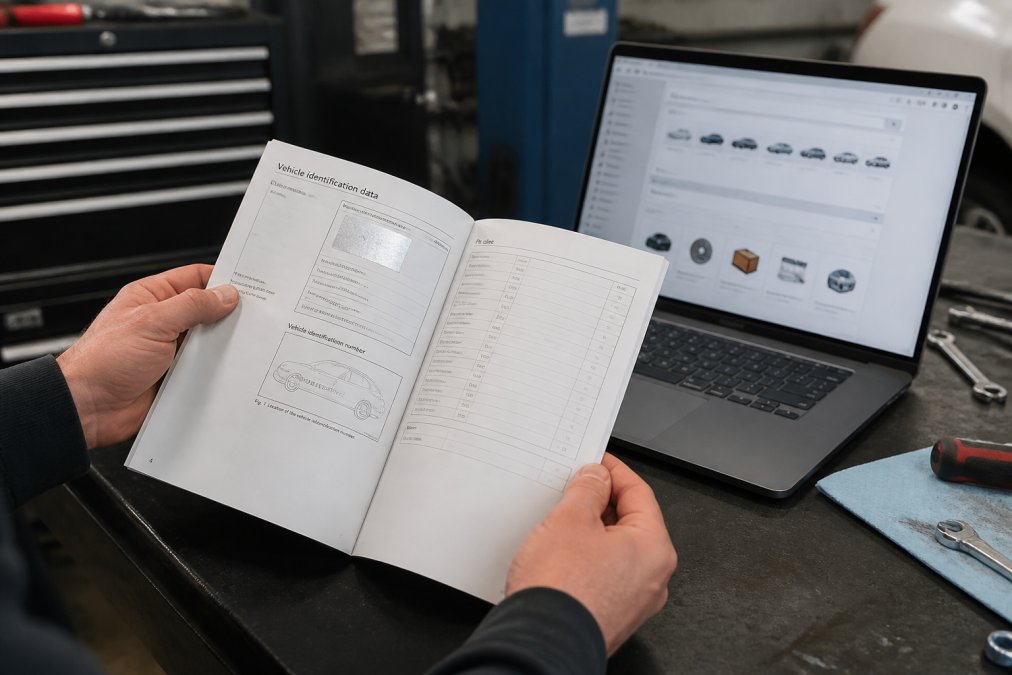 Close-up of a person's hands holding a Volkswagen owner's manual open to the VIN page, with a laptop open to a parts lookup website in the background on a clean garage workbench under overhead workshop lighting