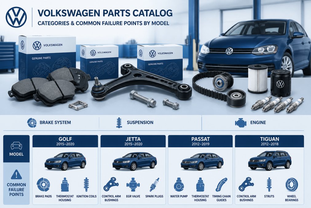 Neatly arranged genuine OEM Volkswagen replacement parts including brake pads, a suspension control arm, and engine hardware laid out on a clean workshop table with a VW vehicle visible in the background under bright garage lighting
