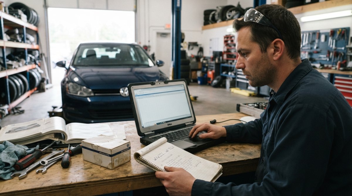 Person using a laptop to search for Volkswagen parts using VIN number, with a Volkswagen vehicle visible in the background