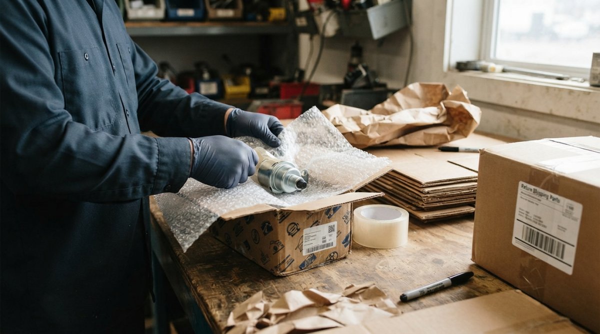 Close-up of hands carefully packing a genuine Volkswagen part in original packaging with bubble wrap and shipping materials, preparing for return