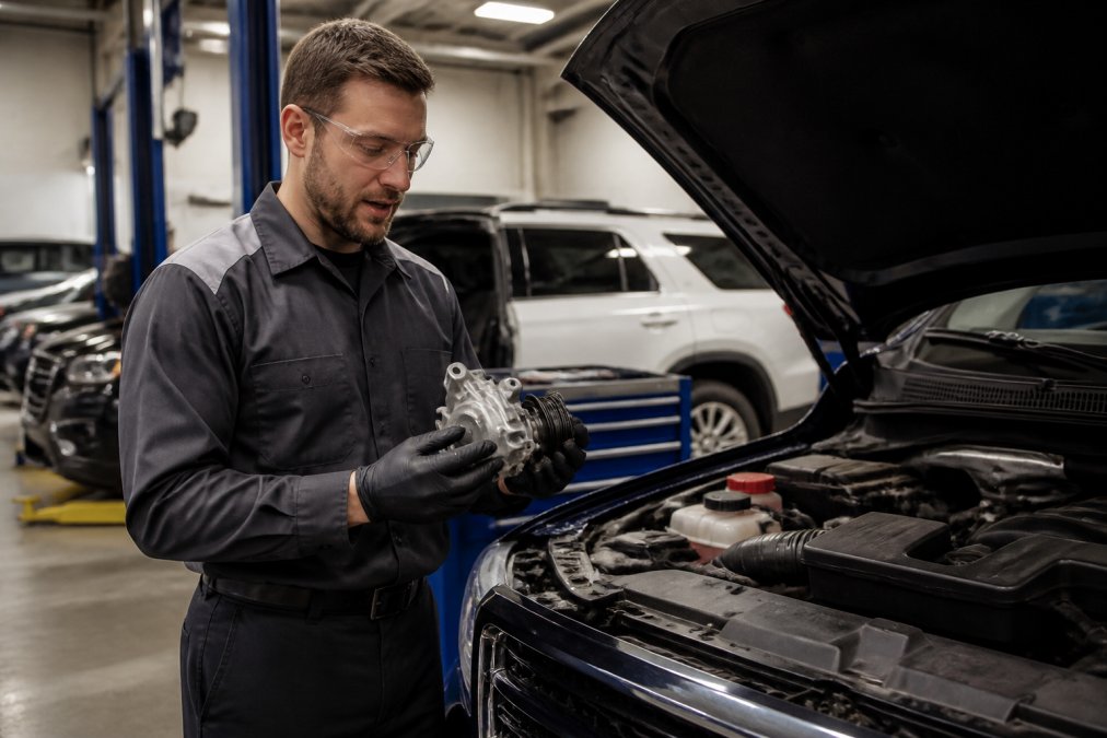 A certified technician in a clean dealership service bay holding a branded GM replacement part next to an open vehicle hood, under bright fluorescent lighting