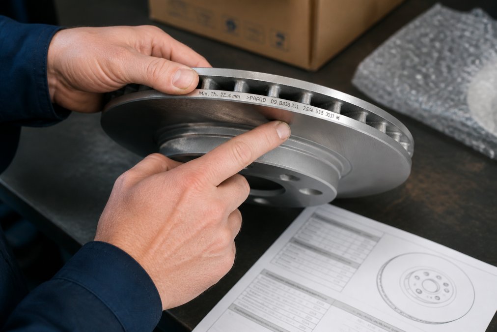 Close-up of hands examining a genuine Volkswagen brake rotor, checking part number labels and quality markings under bright workshop lighting, comparing against documentation on a workbench