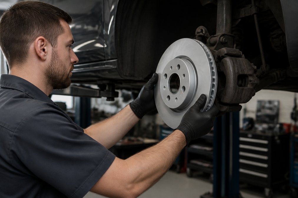 Technician in professional workshop installing a genuine Volkswagen brake rotor on vehicle lift, with precision tools and diagnostic equipment visible, showing proper installation technique under workshop lighting