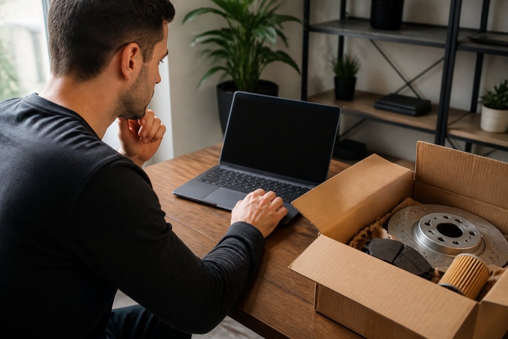 A person sitting at a desk checking a package tracking number on a laptop screen, with a cardboard box containing auto parts visible on the desk beside them
