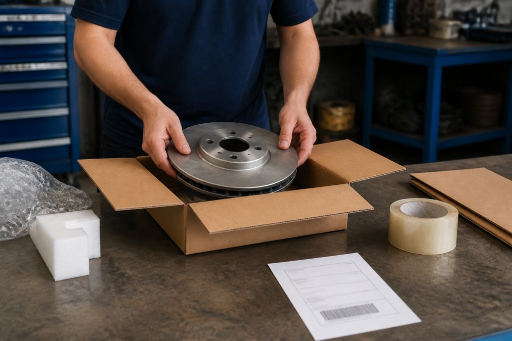 A person at a clean workbench carefully placing a brake rotor back into its original branded box with packing tape and a printed shipping label nearby, bright garage lighting