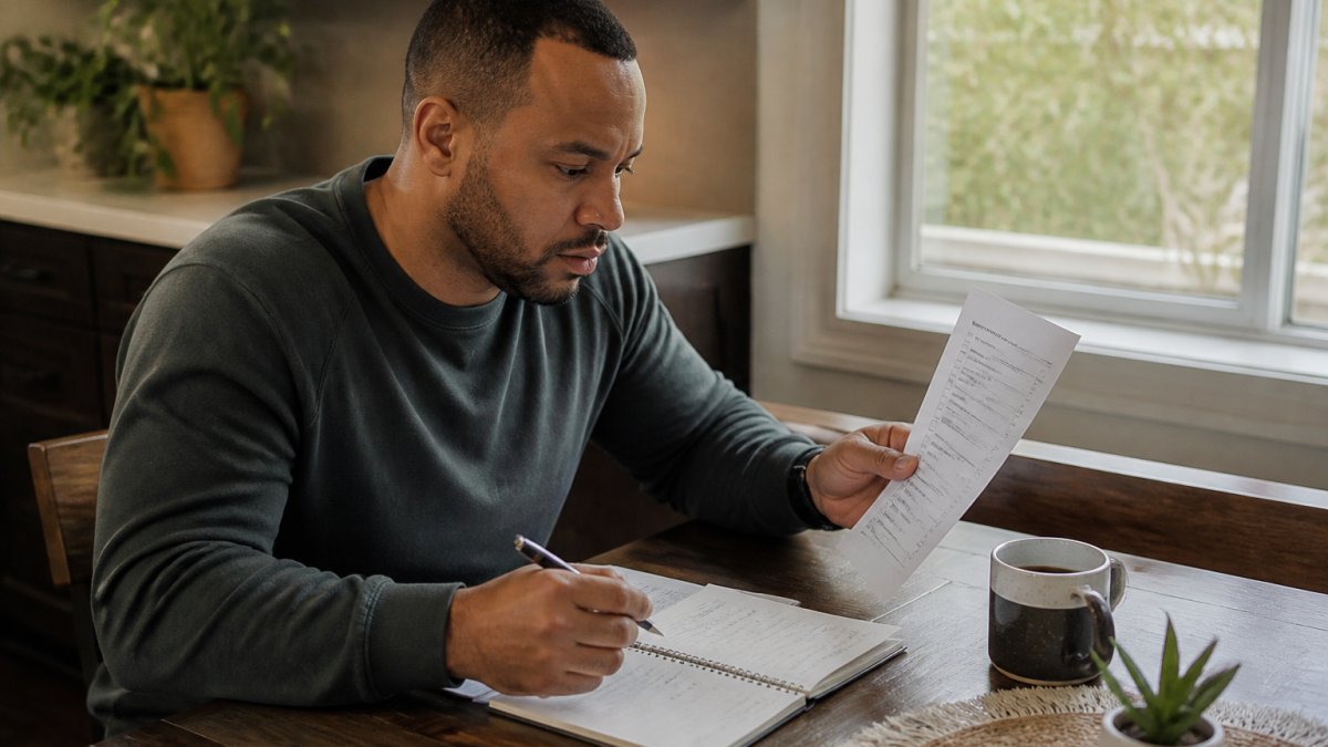 A person sitting at a kitchen table with a notebook and pen, reviewing a printed checklist with a cup of coffee nearby, natural light from a window