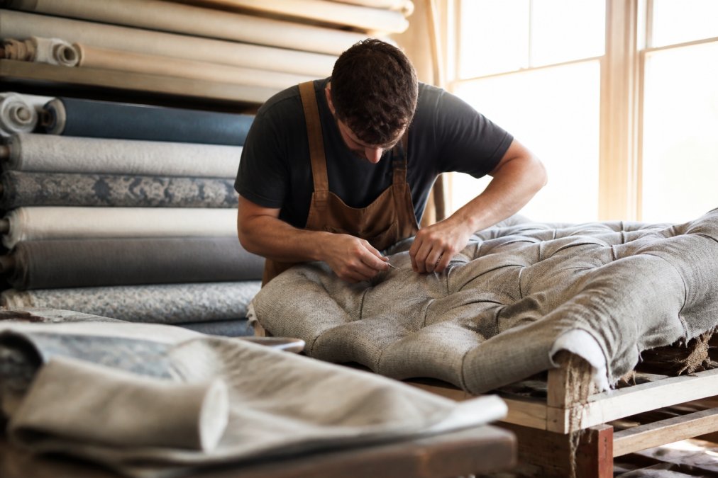 A craftsman's hands tufting a high-end fabric onto a sofa frame in a sunlit British workshop, with rolls of premium upholstery fabrics visible in the background