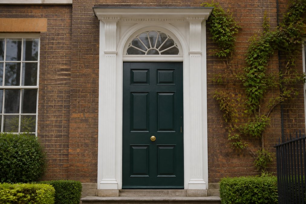 Close-up photograph of a traditional six-panel timber front door with a fanlight above, painted in a deep heritage colour, on a period brick house exterior