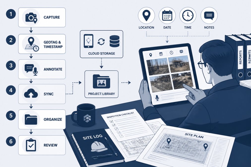 Project supervisor reviewing geotagged photos on a tablet at a desk, with printed site documentation and blueprints spread out nearby, showing organized workflow of digital and physical records