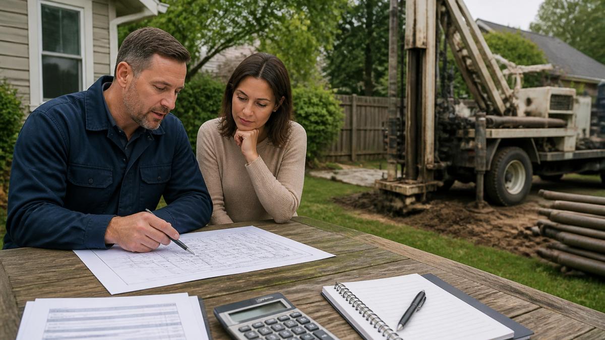 Technician and homeowner reviewing drilling plans for geothermal heating systems in a residential backyard.