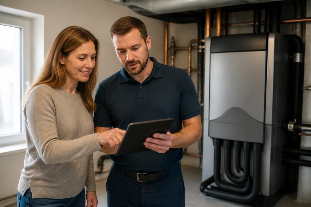 Homeowner and technician reviewing a geothermal vs heat pump cost comparison chart on a tablet in a utility room.