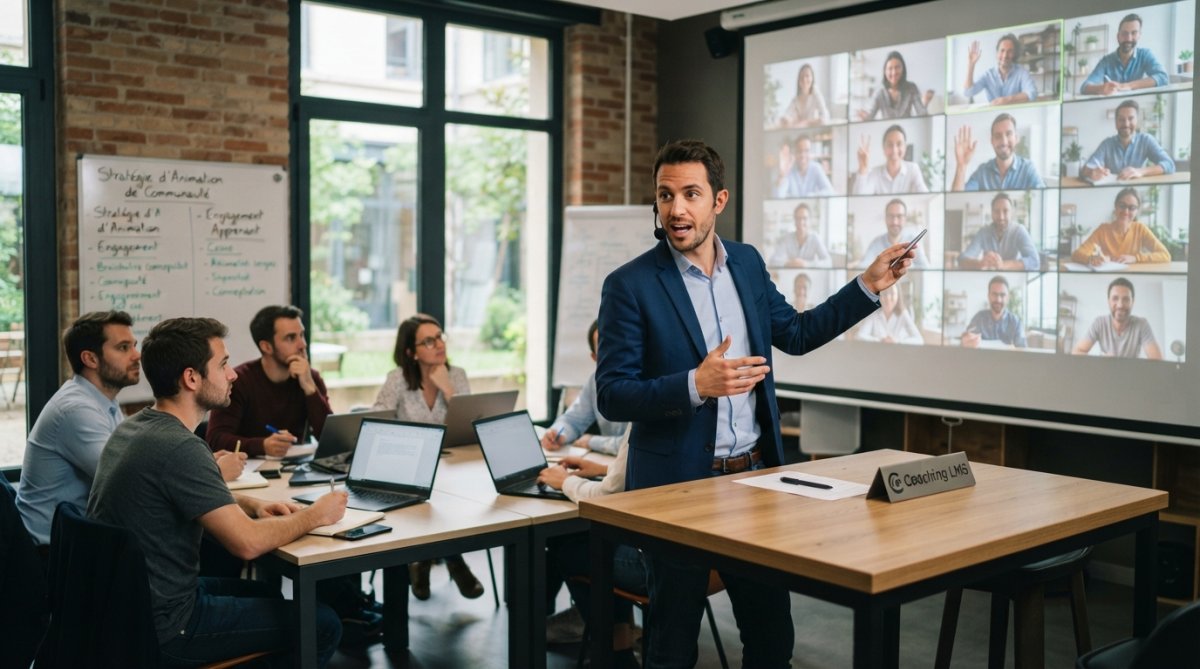 Un animateur facilitant une discussion en ligne pour gérer communauté apprenants avec des participants engagés à l'écran.