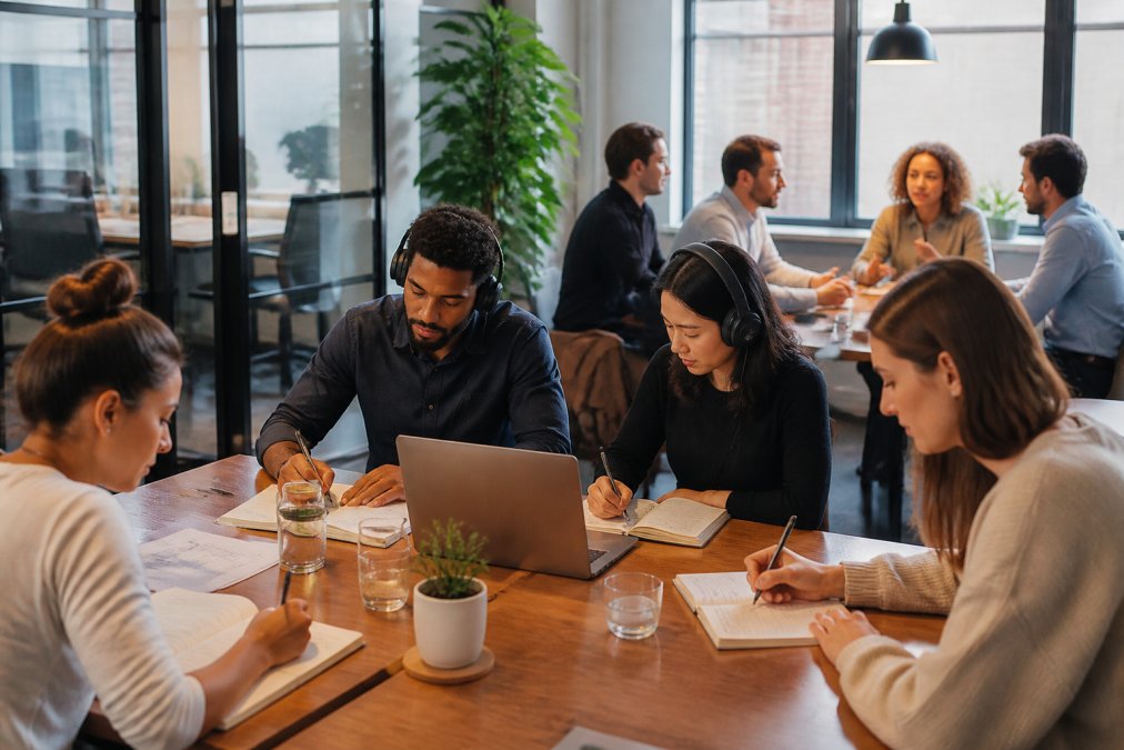 Un groupe diversifié d'apprenants en visioconférence, certains dans un bureau moderne avec écrans visibles et caméras allumées, d'autres en environnement de travail collaboratif, tous avec des notes visibles et concentrés sur leurs écrans, éclairage naturel mixte