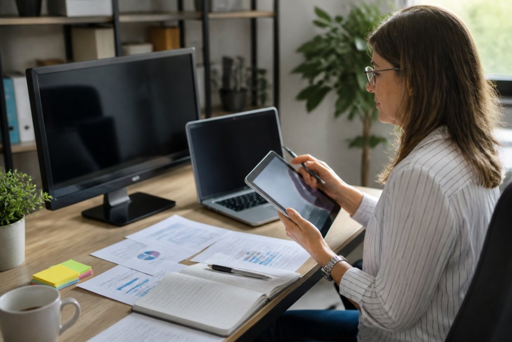 Une responsable de formation utilisant un ordinateur portable et une tablette pour gérer une plateforme LMS, avec des documents de formation, des notes de suivi et des graphiques de progression visibles sur les écrans, bureau moderne bien organisé avec écran externe