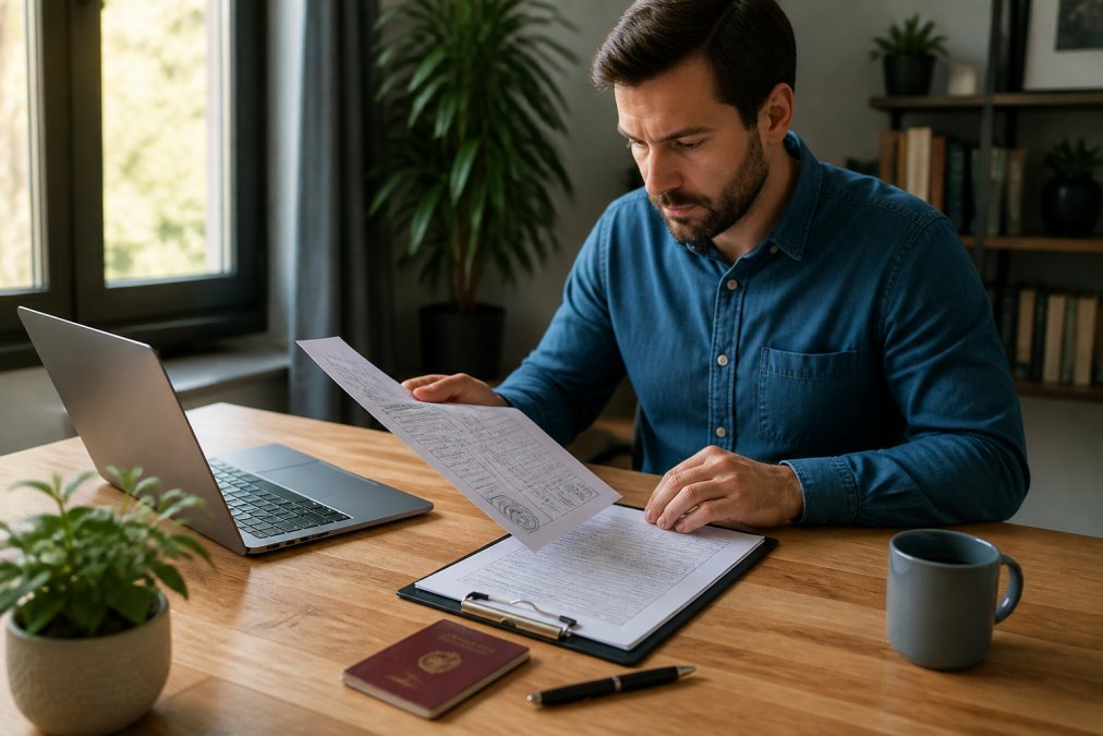 Entrepreneur reviewing digital documents for German business registration on a laptop in a home office.