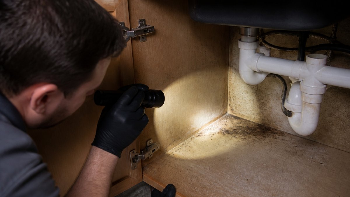 Close-up of a homeowner in gloves inspecting the back corner of a kitchen cabinet under a sink, flashlight in hand, showing where droppings and shed skins collect