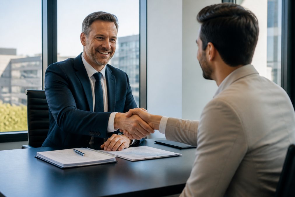 A professional consultant shaking hands with an international entrepreneur across a desk in a modern German office, with paperwork and a laptop visible, natural daylight through large windows