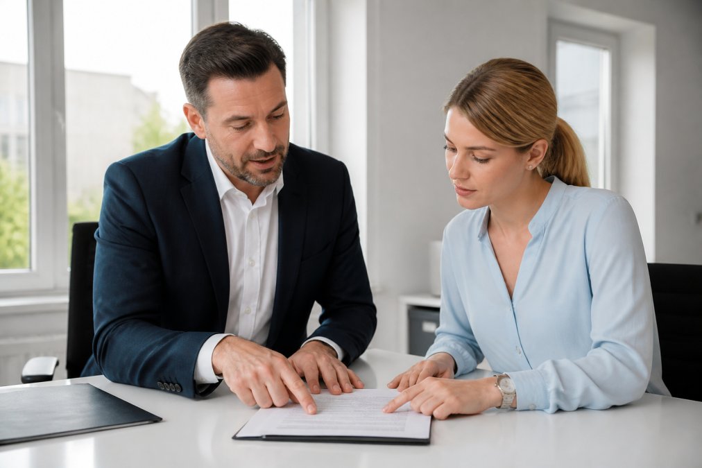 A business consultant in a modern German office reviewing legal documents with a client, both pointing at a contract on a bright desk with natural window light