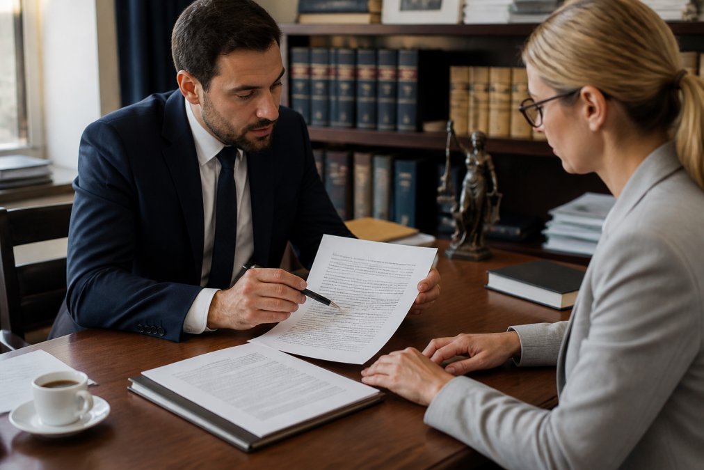 Professional lawyer and business client reviewing legal documents and nominee shareholder agreements on a wooden desk with pen, coffee cup, and corporate files in natural office lighting